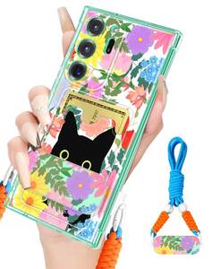 lot 80231 image: Lotadilo for Samsung Galaxy Note 20 Ultra Case with Crossbody Lanyard for Women, Cute Designer Black Cat in Flowers Pattern Cases with Card Holder for Galaxy Note 20 Ultra