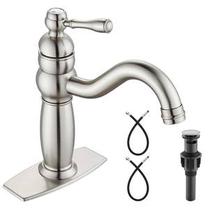 lot 80241 image: Heyalan Bathroom Sink Faucet Deck Mount 1 Hole One Handle Lavatory Brass Vanity Basin Farmhouse Mixer Tap Pop Up Drain Hot and Cold Water,Short-Spout Reach 7.09 Inch,Brushed Nickel
