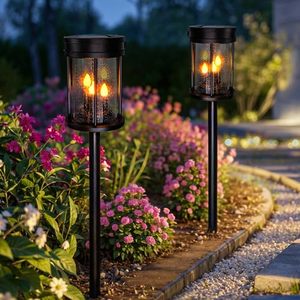 lot 80244 image: Outdoor Garden Solar Stake Lights Flickering Candle Lantern Lighting for Yard, Lawn, Patio, Pathway, Wall Decoration (2Pack, Black)