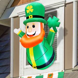 lot 80262 image: TURNMEON 3.5 Ft St. Patricks Day Inflatable Decoration Outdoor Blow Up Leprechaun Holds Shamrocks Clover Lean Out from Window with LED Lights Irish St.Patricks Day Decorations Yard Lawn Garden Party