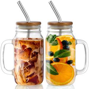 lot 80265 image: DRASTAR Mason Jar with Lids and Straws, 24 oz Drinking Cup with Handle, Glass Cups with Acacia Wood Lids,Iced Coffee Glasses, Drinking Glass Cups Set of 2