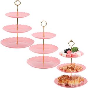 lot 80307 image: Tosnail 3 Pack 3 Tiers Pink Plastic Cupcake Stand Dessert Stand Tiered Serving Trays with 3 Styles Gold Rod, Party Serving Trays Fruit Pastry Holders for Wedding and Party - Heart and Flower Embossed