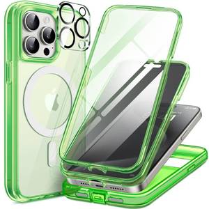 lot 80323 image: TIESZEN for iPhone 15 Pro Case Magnetic, Compatible with Magsafe, Built-in 9H Tempered Screen Protector & Privacy Screen Protector & 2X Camera Lens Protectors, Dustproof Phone Case, Bright Green