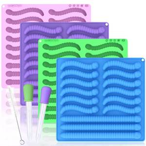 lot 80326 image: Large Gummy Worm Molds Silicone 6ML 14ML, 4PCS Non-Stick Halloween Silicone Worm Molds for Chocolate Gummy Candy 60 Cavity with 2 Droppers & Brush, Ideal Gift for Kids Adult Halloween Party