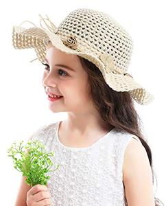 lot 80334 image: Bienvenu Kids Summer Wide Brim Hat Bowknot Beach Sun Protection Hats for Girls Kids Straw hat,Off-White