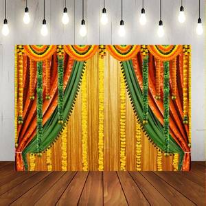 lot 80335 image: Lofaris India Pooja Backdrop Puja Ganpati Photography Traditional Banana Leaf Green Chatiya Ganesh Mehndi Festival Background Decorations Wedding Party Marigold Garlands Photo Props 7x5ft