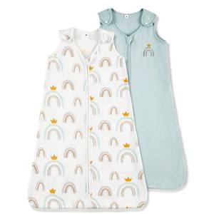 lot 80340 image: TILLYOU Cotton Sleep Sack 2 Pack - TOG 1 Baby Wearable Blanket with 2-Way Zipper, Extra Soft Sleeveless Sleeping Bag for Infants, Rainbow Crown & Light Green, 12-18 Months