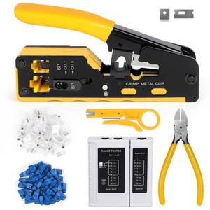 lot 80349 image: Wakhow RJ45 Crimp Tool Kit, Ethernet Pass Through Crimper, Network Cat5 Cat6 Cat7 Crimping Tool Repair Kit Includes Cable Tester, Mini Stripper, Blades, 50Pcs Connectors and Strain Relief Boots