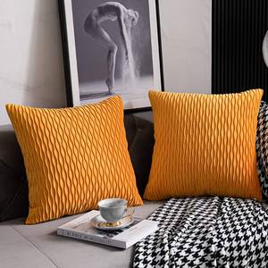 lot 80367 image: DEZENE Fall Golden Yellow Couch Pillow Covers 2 Pack 24x24 Inch Original Striped Velvet Square Throw Pillow Cases for Farmhouse Home Decor