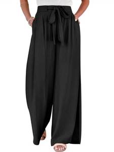lot 80383 image: Caracilia Womens Wide Leg Palazzo Pants High Waisted Adjustable Tie Knot Flowy Trousers Casual Loose Lounge Pant with Pockets Black Large