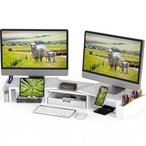 lot 80390 image: Simple Houseware Desk Dual Monitor Stand Riser with Drawer, White