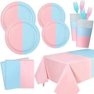 lot 80394 image: Peryiter 122 Pcs Gender Reveal Decorations Boy or Girl Gender Reveal Party Supplies Serves 24 Guests, Includes Gender Reveal Plates, Napkins, Cups, Forks, 54 x 108 Inch Tablecloth