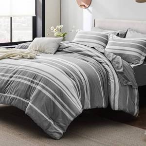 lot 80398 image: Bedsure Queen Comforter Set 7 Pieces, Grey White Striped Comforter for Queen Size Bed Reversible, Cationic Dyeing Bed in a Bag with Comforter, Sheets, Pillowcases & Shams