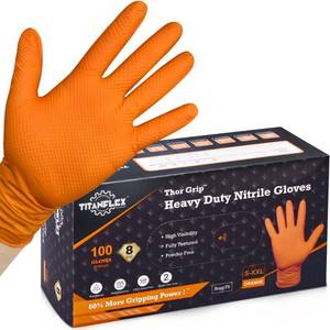 lot 80407 image: TITANflex Thor Grip Heavy Duty Industrial Orange Nitrile Gloves, 8-mil, Disposable Latex Free Rubber Mechanic Gloves with Raised Diamond Texture Grip, Powder Free, 100-ct Box (Medium)