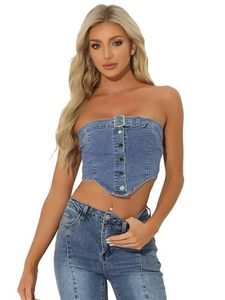 lot 80413 image: Allegra K Denim Crop Tube Top for Womens Strapless Sleeveless Button Corset Top X-Small Light Blue