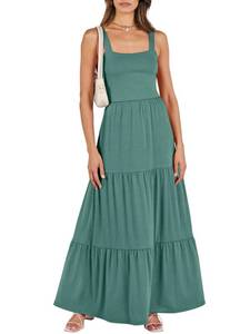 lot 80423 image: ANRABESS Summer Maxi Dresses for Women 2024 Casual Long Beach Vacation Dress Flowy Sleeveless Square Neck Tiered A Line Smocked Sun Dresses with Pockets Green XL