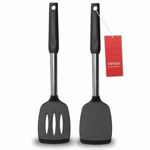 lot 80440 image: 2 Pack Spatulas, Solid & Slotted Silicone Spatula Set, Stainless Steel Handle Coated with Silicone, Non Stick Turners, Heat Resistant BPA Free Rubber Spatulas for Fish, Eggs, Pancakes, WOK, Black