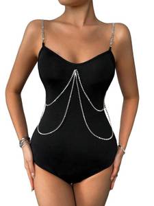 lot 80485 image: WDIRARA Womens Rhinestone Trim Spaghetti Strap Scoop Neck Casual Bodysuit Shirts Black Small