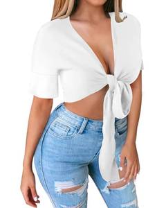 lot 80490 image: CLOZOZ Sexy Tops for Women Tie Front Crop Top Long Sleeve Crop Tops for Women Deep V Neck Wrap Top Going Out Tops for Women XL