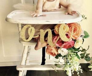 lot 80491 image: Hongkai Glitter Gold 1st Birthday Highchair Banner Boy Girl Baby Birthday ONE Banner One High Chair Sign Baby First Birthday One Photo Prop Party Decorations