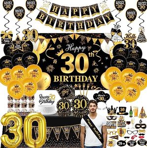 lot 80497 image: GREPARPY Happy 30th Birthday Decorations For Men - Black & Gold Thirty Birthday Party Decorations Supplies, Backdrop, Banner, Swirl, Photo Prop, Crown, Plate, Napkin, Topper, Tablecloth, Sash, Balloon