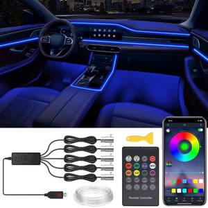 lot 80504 image: Interior Car Lights, 5 in 1 RGB Car LED Lights with Wireless APPRF RemoteButton Control, Ambient Lighting Kit with 236 Inch Fiber Optic, Music Mode USB Neon Light Strip