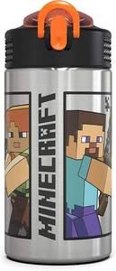 lot 80552 image: Zak Designs Minecraft - Stainless Steel Water Bottle with One Hand Operation Action Lid and Built-in Carrying Loop, with Straw Spout is Perfect for Kids (15.5 oz, 188, BPA-Free)