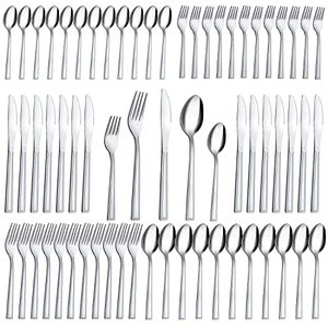 lot 80566 image: Silverware Set, Hunnycook 60-piece Silverware Set for 12, Stainless Steel Flatware Set, Include Fork Knife Spoon Set, Mirror Polished, Dishwasher Safe, Cutlery Set for Home Kitchen Restaurant