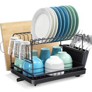 lot 80586 image: TOOLF Dish Drying Rack, 2 Tier Dish Rack for Kitchen Counter, Dish Drainer with Cutlery & Cup Holder Auto Drainage System, Black