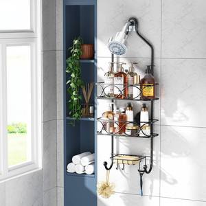 lot 80588 image: LEVERLOC Shower Caddy Over Shower Head Anti-Swing with Strong Suction Cup, Shower Organizer Hanging Rustproof with Hooks for Razor Towel and Sponge, Shower Shelf for Bathroom, Metal Black�