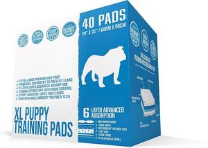 lot 80589 image: Bulldogology Puppy Pee Pads XL with Adhesive Sticky Tape - Dog Puppy Pads Extra Large, Disposable Puppy Pads, Dog Training Wee Pads (24x35) 6 Layers with Bullsorbent Polymer Tech (40-Count, White)
