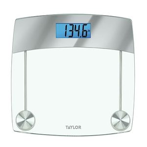 lot 80593 image: Taylor Digital Scales for Body Weight, Extra Highly Accurate 440 LB Capacity, Unique Blue LCD, Stainless Steel Accents GlassPlatform, 12.4 x 12.4 Inches, Clear