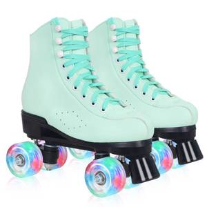 lot 80601 image: Nattork Women Roller Skates, PU Leather High-top Quad Skates with Light up Wheels, Indoor Outdoor Double-Row Skates for Adults Girls - Green(Women 8.5 US)