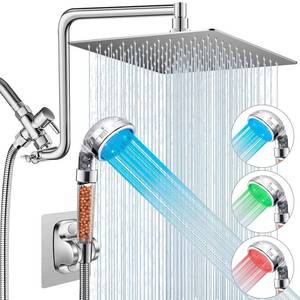 lot 80611 image: Filtered Shower Head with LED, 10 Rain Shower Head with Upgraded 12 Curved Adjustable Extension Arm, High Pressure Color Changing LED Handheld Shower Head with Filter Beads for Hard Water, Chrome
