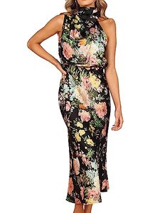 lot 80616 image: KIFOVEN Womens Satin Floral Irregular Halter Long Dress Black Medium