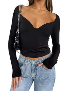 lot 80624 image: CSDAJIO Womens Sexy Ruched Deep V Neck Long Sleeve Low Cut Top Slim Fitted T Shirt Open Back Tee Fall Going Out Shirts Black Small