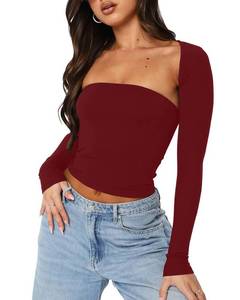 lot 80632 image: zhaistar Long Sleeve Crop Tops for Women 2 Piece Y2K Going Out Casual Slim Fitted Basic Tight Tee Shirts 2023 Trendy Clothes Burgundy S