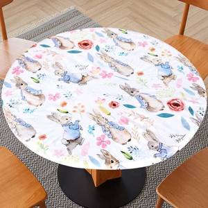 lot 81002 image: Fitable Easter Fitted Table Cover - Waterproof Rabbit & Flower Elastic Edged Tablecloth Vinyl Wipeable Table Cloth for Dining Table, Dinner, Party, Family Gathering (Fit for 36-44 Round Tables)