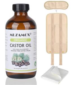 lot 81010 image: MUZAMOX Castor Oil Organic Cold Pressed Unrefined Glass Bottle (8fl.oz237ml), Castor Oil Pack Wrap Organic Cotton and Castor Oil Packs for Liver Detox