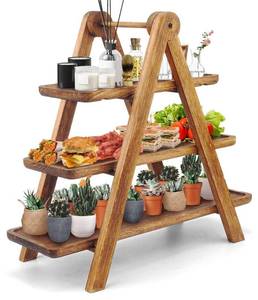 lot 81015 image: Manspdier Wood 3 Tier Serving Tray Three Tiered Cupcake Stand, Rectangle Serving Platter Wooden Farmhouse, Party Serving Brown Decorative Tray Decor