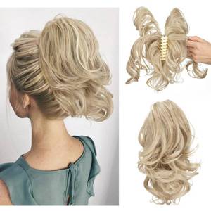 lot 81049 image: CJL HAIR Claw Clip Short Ponytail Hair Extensions Bendable Metals Messy Bun Hair piece Wavy Curly Fake Hairpieces (Beach Blonde, 12 inch)