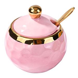 lot 81052 image: BOSILI Ceramic Sugar Bowl, Golf Shaped, Ceramic Sugar Bowl with Lid and Golden Spoon for Home and Kitchen (Pink)
