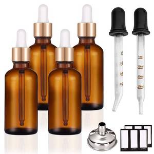 lot 81063 image: PrettyCare 4 Pack Eye Dropper Bottle 1 oz, Amber Glass Bottles 30ml with Golden Caps, 2 Extra Dropper, 12 Labels, Funnel, Empty Tincture Bottles for Essential Oils, Perfume
