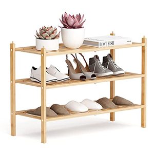 lot 81075 image: Dranixly Shoe Rack, 3-Tier Bamboo Stackable Shoe Shelf Storage Organizer, Shoe Stand for Closet, Entryway, Hallway, Bathroom and Living RoomNatural