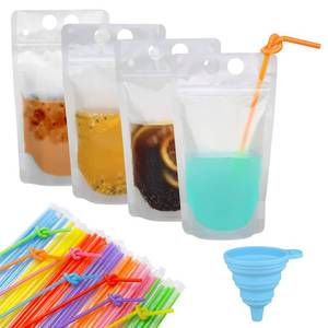 lot 81082 image: 100 Pcs Zipper Plastic Pouches Drink Bags,Heavy Duty Hand-Held Translucent frosted Reclosable Stand-up Bag 2.4 Bottom Gusset with 100pcs Straws & Funnel Included