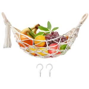 lot 81109 image: Motarna Hanging Fruit Hammock with Hooks, Hanging Fruit Basket Under the Kitchen Cabinet for Storing Banana Fruits, Hand-Woven Lace Hanging Basket for Kitchen Dcor(Oval)