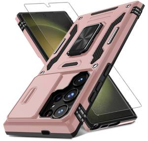 lot 81112 image: DEERLAMN for Samsung Galaxy S24 Ultra Case with Slide Camera CoverScreen Protector (1 Pack), Rotated Ring Kickstand Military Grade Shockproof Protective Cover-Rose Gold