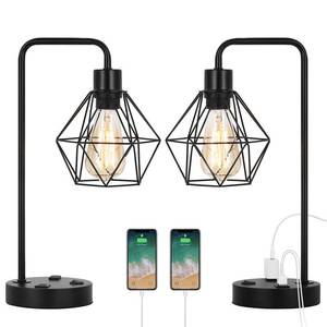 lot 81134 image: MOOACE Dual USB Industrial Desk Lamps Set of 2, Edison Table Lamp with AC Outlet, Nightstand Bedside Reading Lamp with Black Metal Cage for Bedroom Living Room, Black