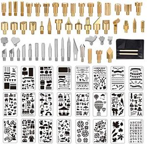 lot 81143 image: UWIOFF 77 Pcs Wood Burning Accessories, Wood Burning Tips Set and Stencils Carving Iron Tip, 53pcs Wood Burning Carving Embossing Soldering Tips and 24pcs Stencils for Pyrography Woodworking Leather