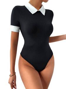 lot 81145 image: Verdusa Womens Colorblock Short Sleeve Collar Ribbed Skinny Bodysuit Top Black XS